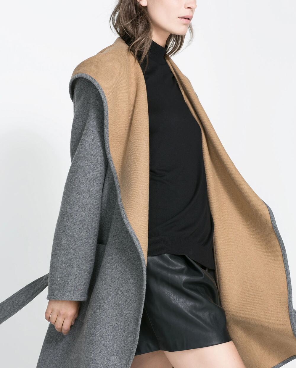 Zara Hooded Wool Blend Coat Womens XL Gray Camel Oversized Mid-Length Belted